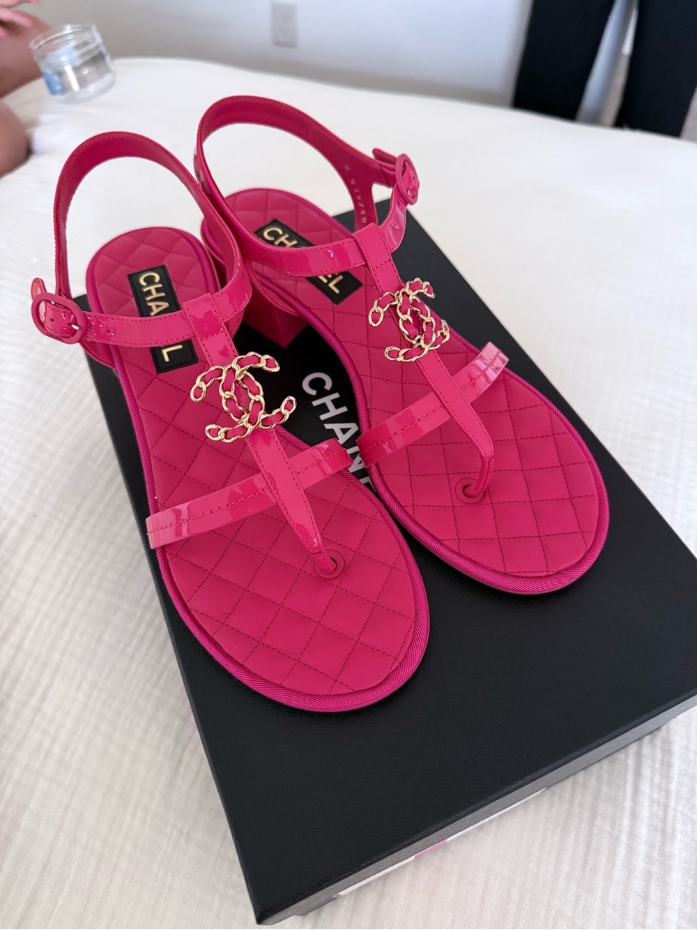 CHANEL Hot Pink Quilted T-Strap Slingback Sandals with Gold CC